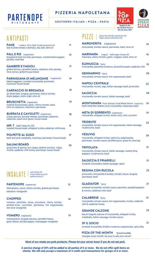 Partenope Ristorante Dallas dinner menu, September 2026, page 1