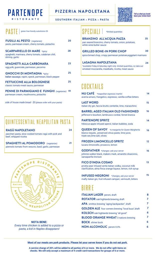Partenope Ristorante Dallas dinner menu, September 2026, page 2