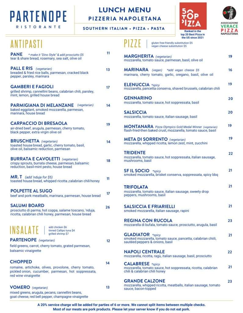 Partenope Ristorante Dallas lunch menu, September 2026, page 1