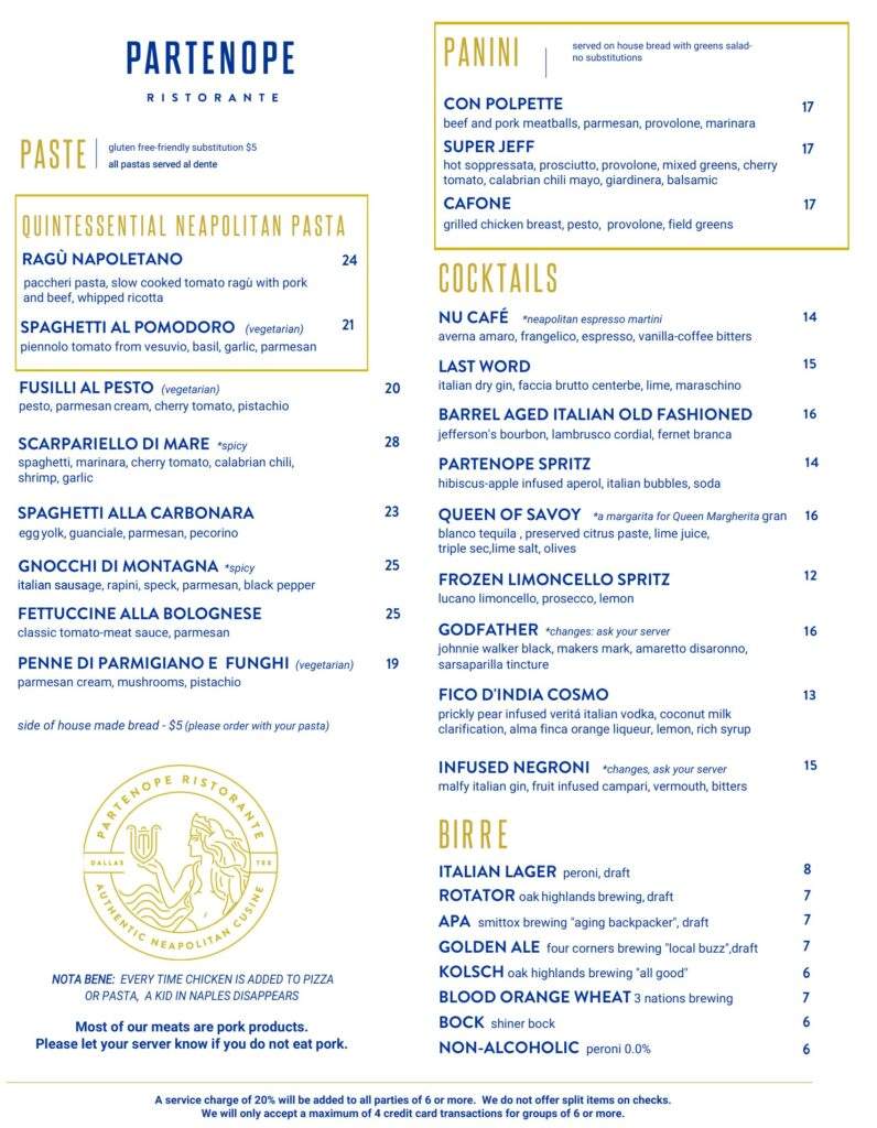 Partenope Ristorante Dallas lunch menu, September 2026, page 2