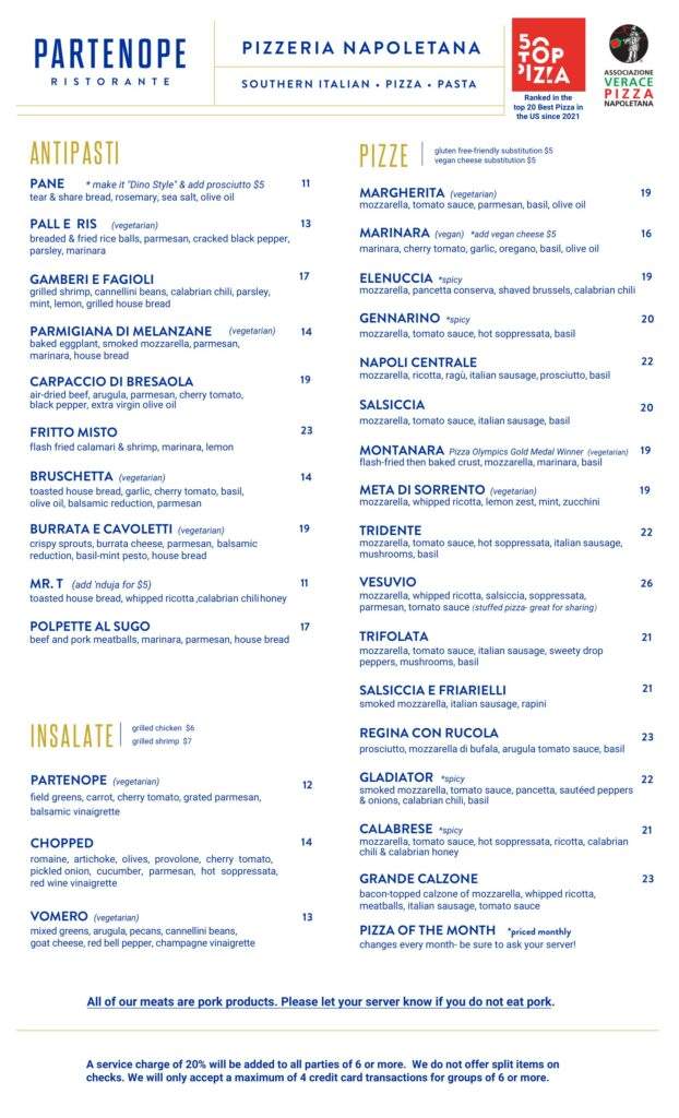 Partenope Ristorante Richardson dinner menu, September 2026, page 1