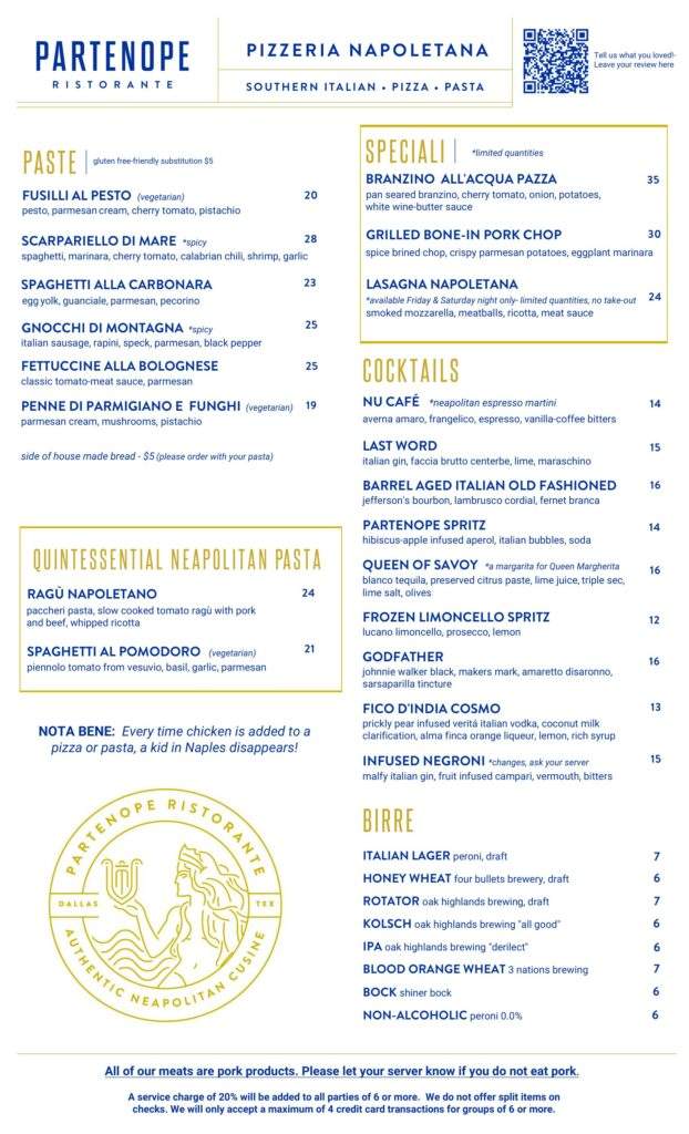 Partenope Ristorante Richardson dinner menu, September 2026, page 2