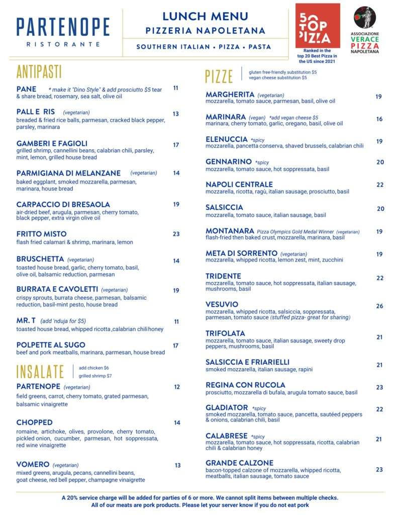 Partenope Ristorante Richardson lunch menu, September 2026, page 1
