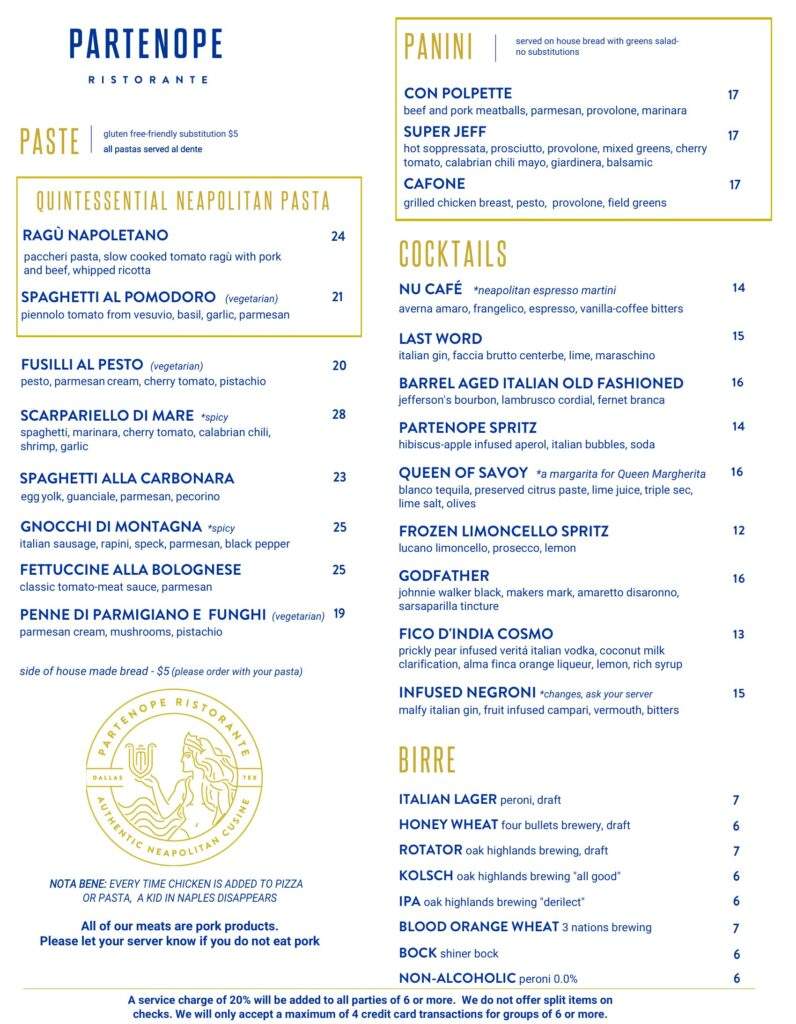 Partenope Ristorante Richardson lunch menu, September 2026, page 2